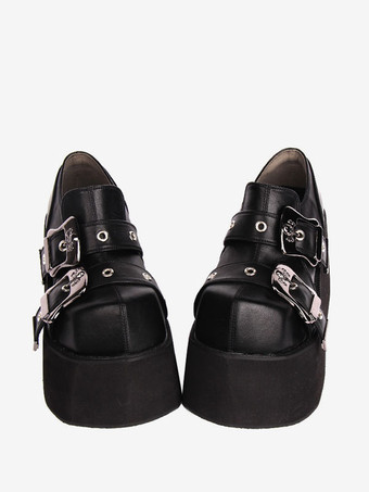 ゴシック ロリータ フットウェア ブラック グロメット PU レザー ウェッジ ヒール ロリータ シューズ