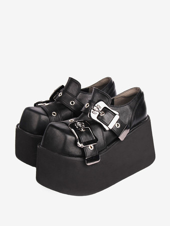 ブラック ゴシック ロリータ フットウェア ブラック グロメット PU レザー ウェッジ ヒール ロリータ シューズ