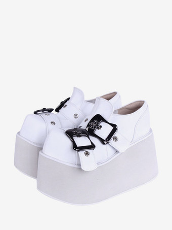 ホワイト ゴシック ロリータ フットウェア ブラック グロメット PU レザー ウェッジ ヒール ロリータ シューズ