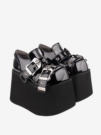 ゴスロリ シューズ ブラック グロメット PU レザー ウェッジ ヒール ロリータ パンプス