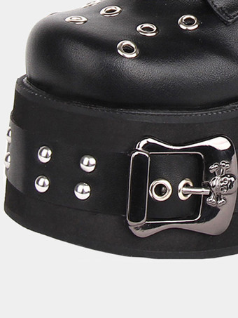 ゴシックロリータ ブーツ PU レザー グロメット ラウンド トゥ ブラック ロリータ フットウェア