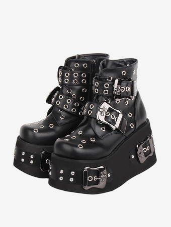 ブラック ゴシックロリータ ブーツ PU レザー グロメット ラウンド トゥ ブラック ロリータ フットウェア