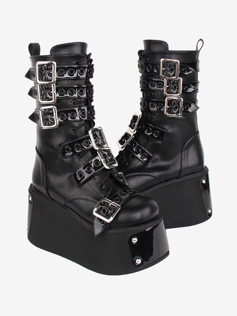 ゴシック ロリータ ブーツ ブラック グロメット ツートン ラウンド トゥ PU レザー ロリータ フットウェア