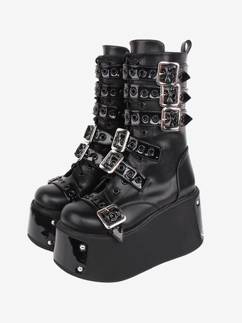 ブラック ゴシック ロリータ ブーツ ブラック グロメット ツートン ラウンド トゥ PU レザー ロリータ フットウェア