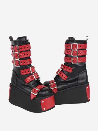 ゴシック ロリータ ブーツ ブラック グロメット ツートン ラウンド トゥ PU レザー ロリータ フットウェア