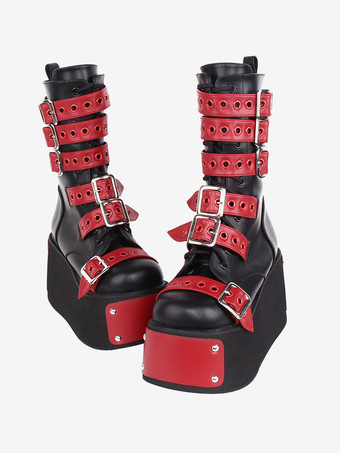 ゴシック ロリータ ブーツ ブラック グロメット ツートン ラウンド トゥ PU レザー ロリータ フットウェア