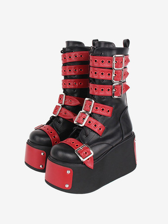 ブラックレッドゴシック ロリータ ブーツ ブラック グロメット ツートン ラウンド トゥ PU レザー ロリータ フットウェア