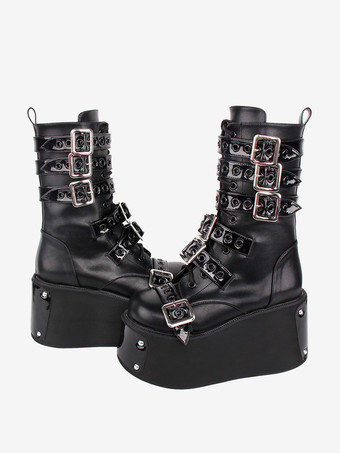 ゴシック ロリータ ブーツ ブラック グロメット ツートン ラウンド トゥ PU レザー ロリータ フットウェア