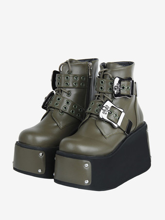 ハンターグリーン ゴシック ロリータ ブーツ ブラック グロメット ラウンド トゥ PU レザー ロリータ シューズ