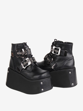 ゴシック ロリータ ブーツ ブラック グロメット ラウンド トゥ PU レザー ロリータ シューズ