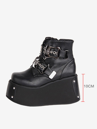 ゴシック ロリータ ブーツ ブラック グロメット ラウンド トゥ PU レザー ロリータ シューズ