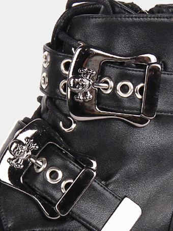 ゴシック ロリータ ブーツ ブラック グロメット ラウンド トゥ PU レザー ロリータ シューズ