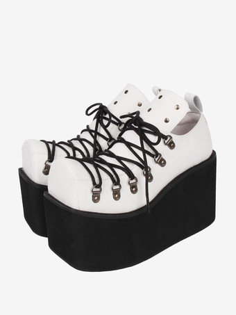 ホワイト ゴシック ロリータ フットウェア ホワイト グロメット PU レザー ウェッジ ヒール ロリータ パンプス