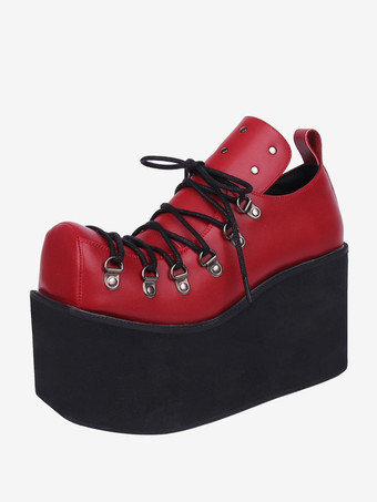 バーガンディーゴシック ロリータ フットウェア ホワイト グロメット PU レザー ウェッジ ヒール ロリータ パンプス