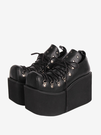 ブラック ゴシック ロリータ フットウェア ホワイト グロメット PU レザー ウェッジ ヒール ロリータ パンプス