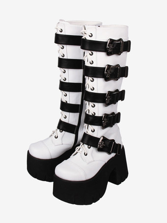 ホワイト ゴシック ロリータ ブーツ ホワイト グロメット スケルトン ラウンドトゥ PU レザー ロリータ シューズ