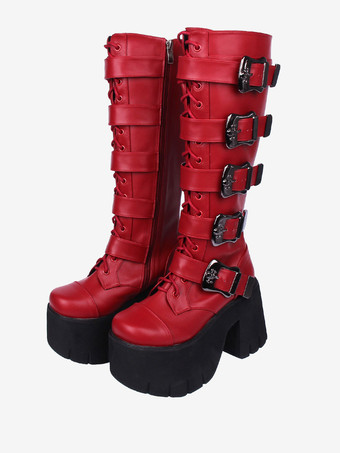 バーガンディーゴシック ロリータ ブーツ ホワイト グロメット スケルトン ラウンドトゥ PU レザー ロリータ シューズ