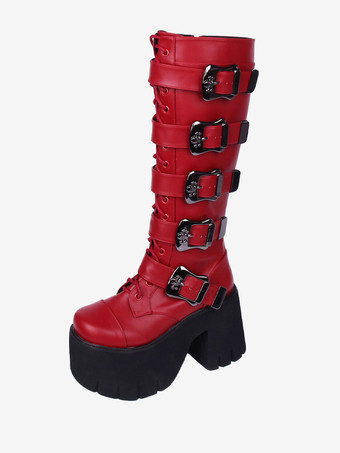 ゴシック ロリータ ブーツ ホワイト グロメット スケルトン ラウンドトゥ PU レザー ロリータ シューズ