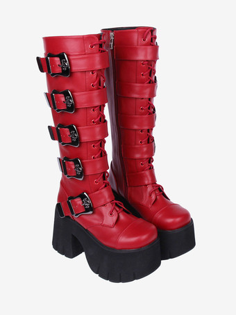 ゴシック ロリータ ブーツ ホワイト グロメット スケルトン ラウンドトゥ PU レザー ロリータ シューズ