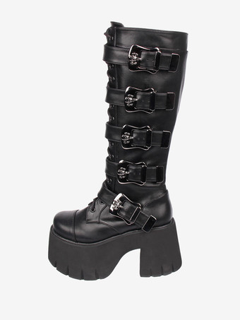 ゴシック ロリータ ブーツ ホワイト グロメット スケルトン ラウンドトゥ PU レザー ロリータ シューズ