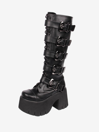 ゴシック ロリータ ブーツ ホワイト グロメット スケルトン ラウンドトゥ PU レザー ロリータ シューズ