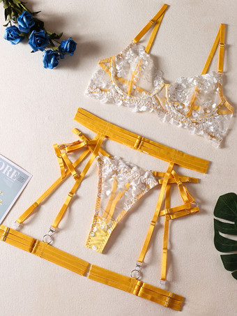 Lingerie Bra Reggiseni Donna Giallo Stampa Floreale Poliestere Pizzo 3 Pezzi Sexy Biancheria Intima Calda