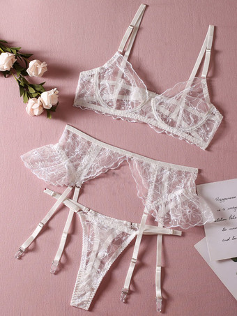 ランジェリー ブラジャー ブラジャー 女性用 ホワイト フローラル プリント ポリエステル レース 3ピース セクシー ホット アンダーウェア