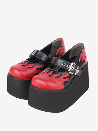 ブラック ゴスロリ ロリータ フットウェア ブラック レースアップ PU レザー ウェッジ ヒール ロリータ パンプス