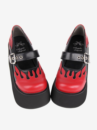 ゴスロリ ロリータ フットウェア ブラック レースアップ PU レザー ウェッジ ヒール ロリータ パンプス