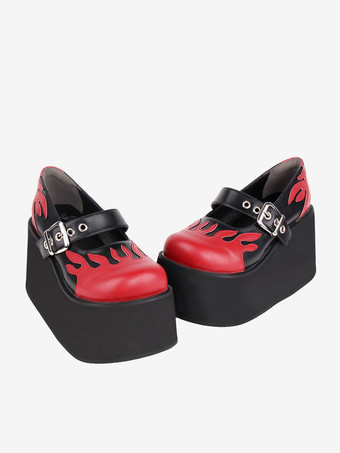 ゴスロリ ロリータ フットウェア ブラック レースアップ PU レザー ウェッジ ヒール ロリータ パンプス