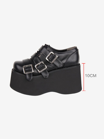 ゴシック ロリータ靴ブラック レースアップ ラウンド トゥ PU レザー ロリータ シューズ