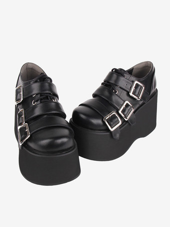 ゴシック ロリータ靴ブラック レースアップ ラウンド トゥ PU レザー ロリータ シューズ