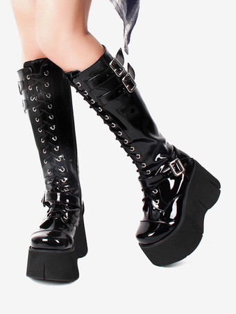 ブラック スチーム パンクなロリータ ブーツ ブラック スクエア トゥ PU レザー ロリータ フットウェア