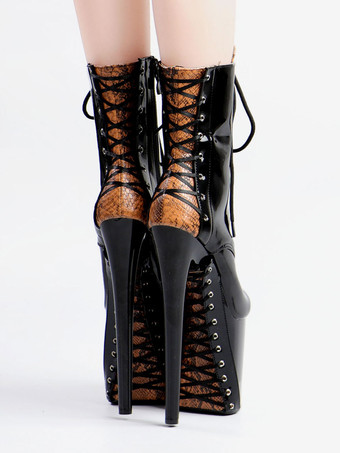 セクシーなハイヒールのブーツ ラウンドトゥ レースアップ スネーク プリント スティレット ヒール レイブ クラブ ブラック サイハイ ブーツ オーバー ザ ニー ブーツ