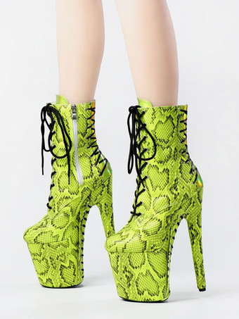 女性のセクシーなブーツラウンドトゥレースアップスネークプリントスティレットヒール絶賛クラブグリーンサイハイブーツニーブーツ