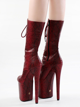 女性のセクシーなブーツピープトウレースアップストライプスチレットヒール絶賛クラブブルゴーニュサイハイブーツニーブーツ
