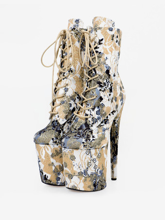 ディープアプリコット女性のセクシーなブーツラウンドトゥレースアッププリントスティレットヒール絶賛クラブディープアプリコットサイハイブーツニーブーツ