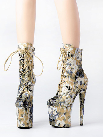 女性のセクシーなブーツラウンドトゥレースアッププリントスティレットヒール絶賛クラブディープアプリコットサイハイブーツニーブーツ