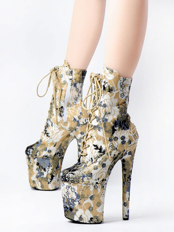 女性のセクシーなブーツラウンドトゥレースアッププリントスティレットヒール絶賛クラブディープアプリコットサイハイブーツニーブーツ