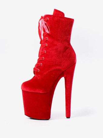 レッド 女性のセクシーなブーツラウンドトゥレースアップスティレットヒールレイブクラブパープルサイハイブーツオーバーザニーブーツ