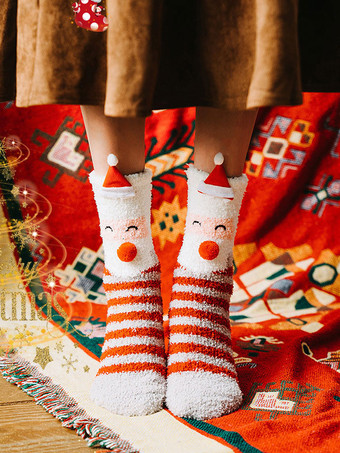 Socks White Poly/Cotton Blend Christmas Pattern Holiday Gift Home Wear Winter Warm Cute Acc