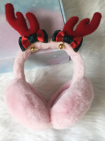 ピンクイヤーマフ ホワイト フィールド ポリ/コットン ブレンド クリスマス パターン ホリデー ギフト ホームウェア 冬 暖かい かわいい アクセサリー