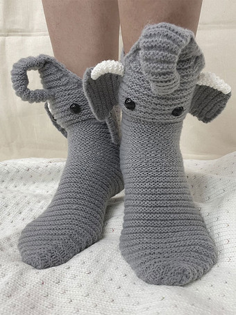 Socks Gray Poly/Cotton Blend Animal Print Elephant Home Wear Winter Warm Cute Acc