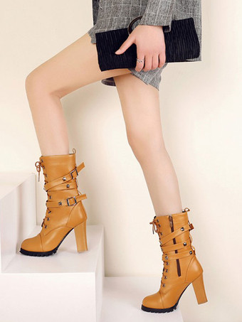 女性のミッド カーフ ブーツ ジッパー PU レザー ラウンド トゥ チャンキー ヒール ブーツ