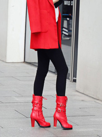 女性のミッド カーフ ブーツ ジッパー PU レザー ラウンド トゥ チャンキー ヒール ブーツ