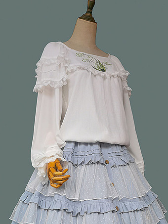 Camicette Lolita classiche Lolita Top Infanta Camicia Lolita con stampa floreale ricamata in pizzo bianco a maniche lunghe