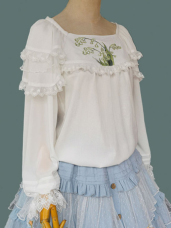 Camicette Lolita classiche Lolita Top Infanta Camicia Lolita con stampa floreale ricamata in pizzo bianco a maniche lunghe