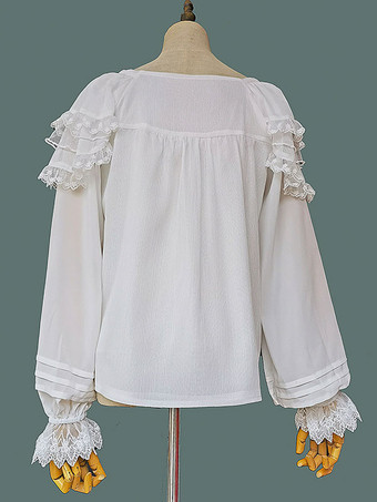 Camicette Lolita classiche Lolita Top Infanta Camicia Lolita con stampa floreale ricamata in pizzo bianco a maniche lunghe