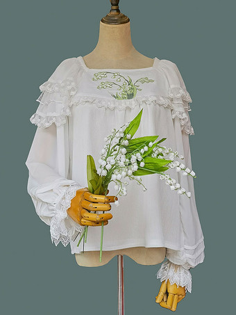 Camicette Lolita classiche Lolita Top Infanta Camicia Lolita con stampa floreale ricamata in pizzo bianco a maniche lunghe