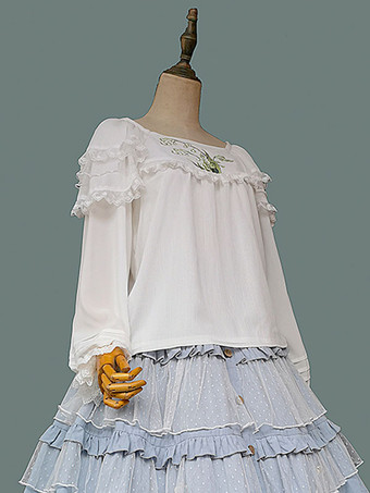 Camicette Lolita classiche Lolita Top Infanta Camicia Lolita con stampa floreale ricamata in pizzo bianco a maniche lunghe